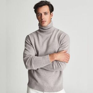 Reiss Randy Taupe Heather Grey Roll Neck 100% Merino Wool Jumper Size M